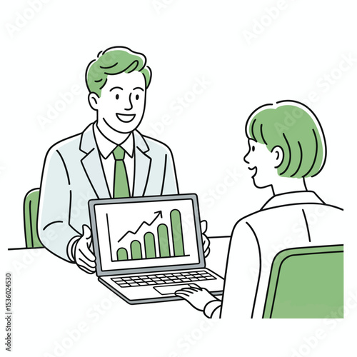 Businesspeople reviewing upward trending graph on laptop