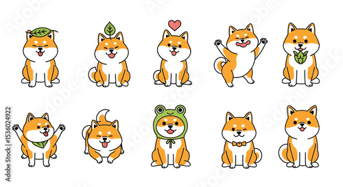 Adorable Cartoon Shiba Inu Dogs with Various Accessories and Expressions