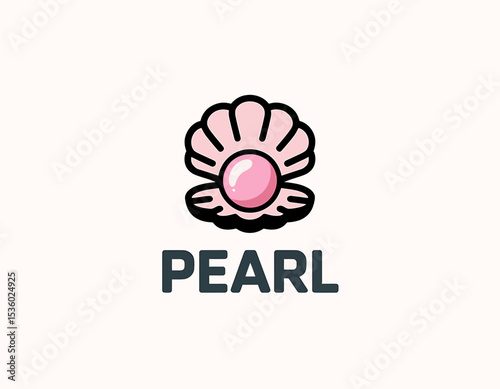 Cartoon Pink Pearl in Shell Illustration with Black Outline