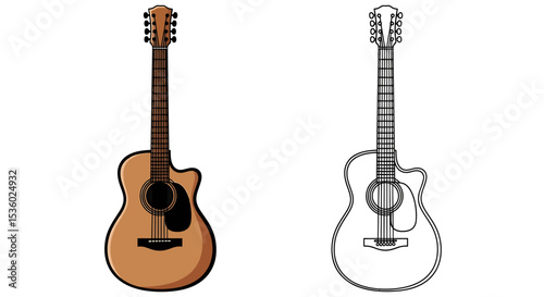 Two Acoustic Guitars, Colored and Line Art