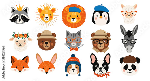 Cartoon Animal Faces: Raccoon, Lion, Penguin, Sheep, Bear, Cat, Fox, Dog, Panda