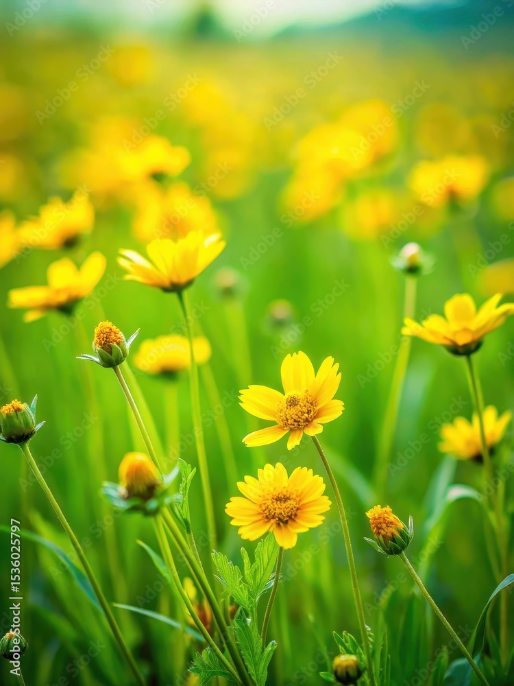 Fototapeta premium Softly blooming yellow wildflowers sway gently in the breeze amidst lush green grass