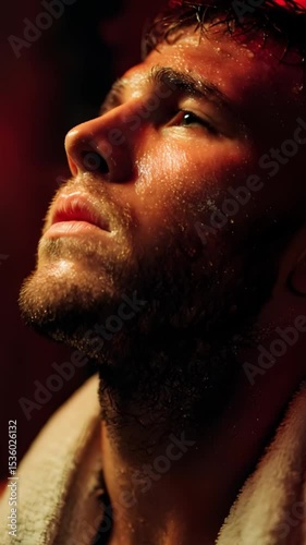Boxer breathes deeply under red light, face covered in sweat. Camera moves closer. 4K.
