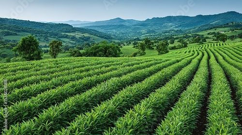 Lush green rows of plants stretch across a hillside.