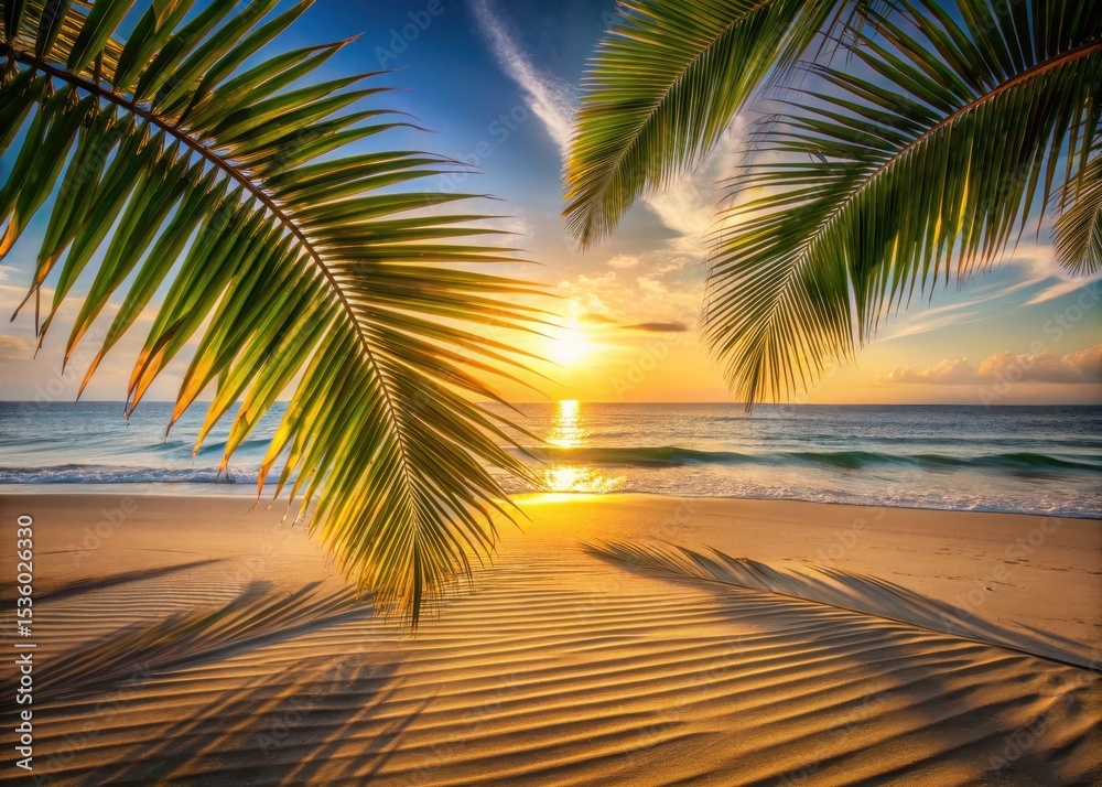 Fototapeta premium Palm tree leaves casting a warm shadow on a sandy beach at sunset