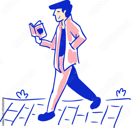 Vector Hand Drawn Illustration of a Man Reading While Walking