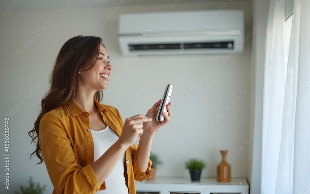 Fototapeta premium Smiling woman with remote control enjoys cool air from mini split conditioning system. Hot summer weather indoor comfort, modern climate control, efficient home temperature solution. High quality