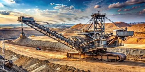 Large bucket-wheel excavator moving massive dirt and rocks at open-pit coal mine site