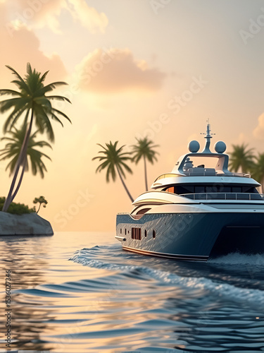 Extremely detailed and realistic high resolution 3D image of a Super Yacht approaching a tropical Island with palms