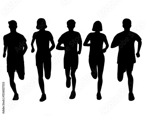 Silhouette of crowd of young people running, morning jogging, isolated icon on white background.	