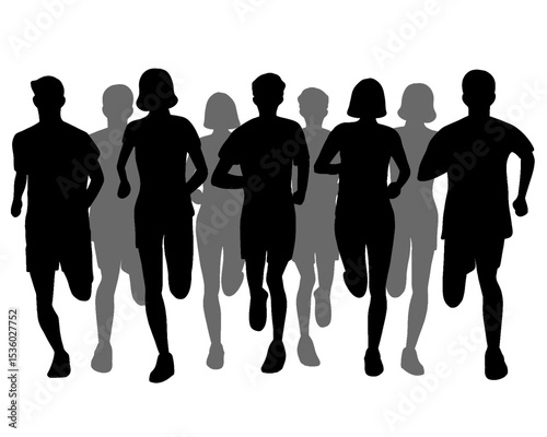 Silhouette of crowd of young people running, morning jogging, isolated icon on white background.	