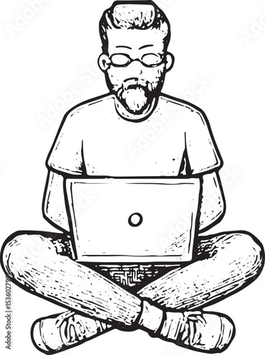 A sketch of a man sitting with a laptop, representing the core of digital nomad life, blending work and travel with a focus on flexibility and modern technology