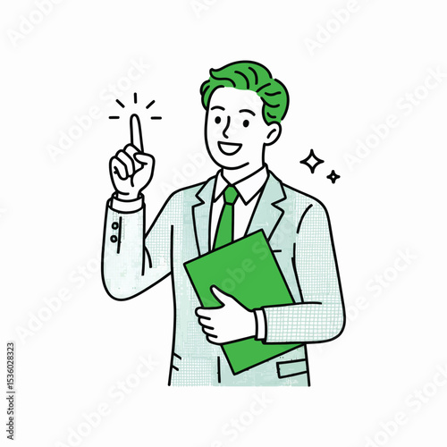 Smiling businessman green suit holding folder pointing up idea 1