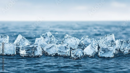 Ice cubes resting on water's surface.