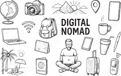 A vibrant sketch illustration of digital nomad life, featuring a man working on a laptop, surrounded by travel essentials like a backpack, suitcase, passport, camera, globe, Wi-Fi, coffee, and beach 