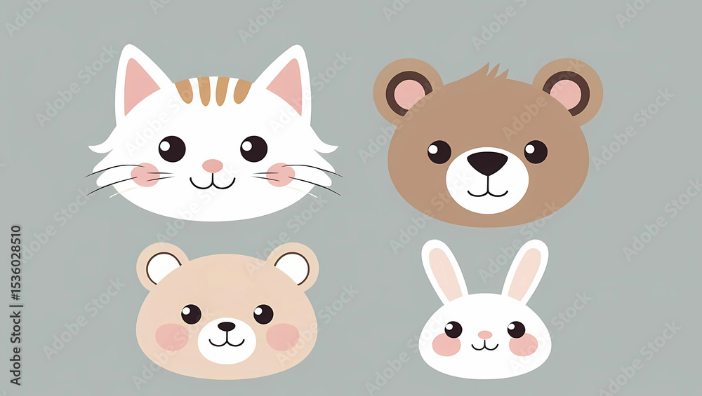 Funny cartoon animal head icons featuring a collection of cute rabbits, cats, dogs, bears, pigs, and foxes in a wild zoo safari set Funny cartoon animal head icons featuring a collection of cute rabbits, cats, dogs, bears, pigs, and foxes in a wild zoo safari set