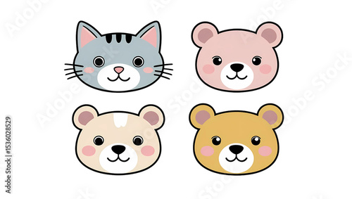 A fun vector icon set of cute cartoon animal heads featuring cats, dogs, pigs, bears, rabbits, lions, pandas, foxes, and tigers