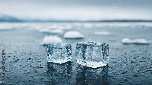 Two ice cubes sit on a frozen surface.