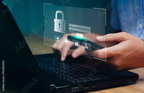 Cybersecurity login interface on laptop and smartphone, user accessing secure system with password authentication, digital data protection, identity verification, encrypted access control technology