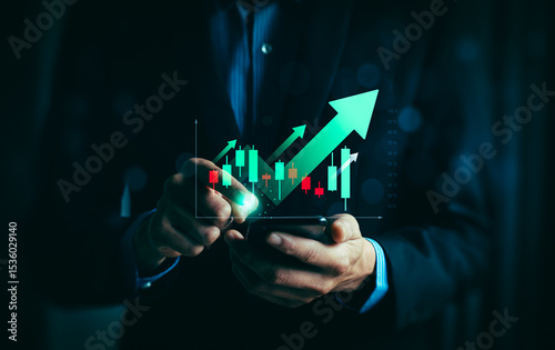 Businessman analyzing bullish stock market trend on smartphone with rising candlestick chart and green arrow growth indicators, concept of trading, investment success, financial analytics, and profit