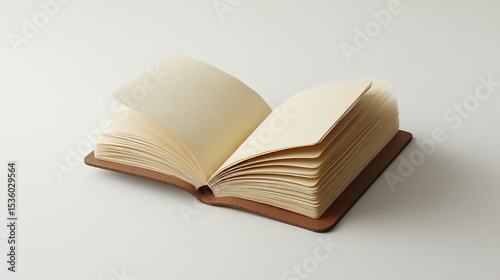 Open, blank paged journal with textured paper and brown leather cover against white