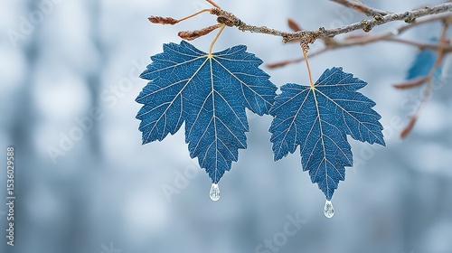 Two vibrant blue leaves with water droplets.