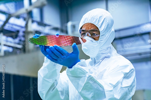 半導体工場でシリコンウエハーを検査する防護服を着た男性作業員
