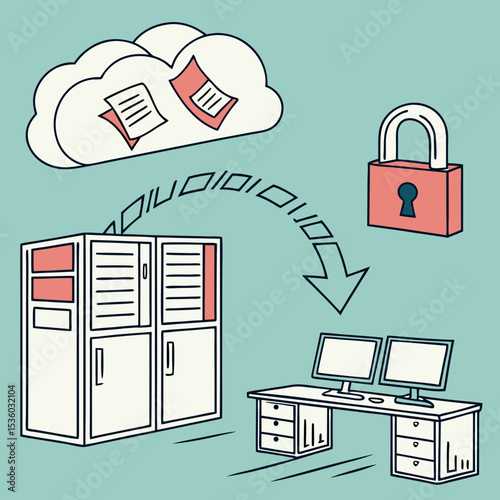 Data Server Secure Cloud Storage Illustration Pastel Colors Two Monitors Desk Server Rack Documents Downloading Locked