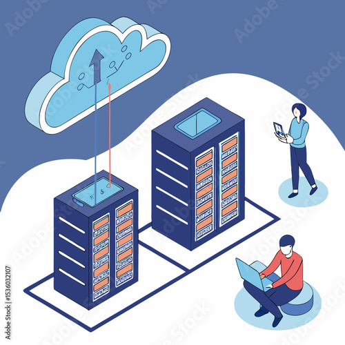 Isometric Illustration Data Cloud Servers Network Mobile Phone Data Transfer Two People Working Technology Concept Blue Background