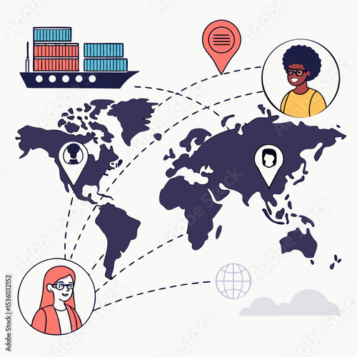 Global Teamwork Illustration Featuring a World Map Cargo Ship and Connected People shipping containers