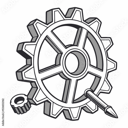 Grey Gear Cog Illustration with Smaller Cog and Pointy Tool gray