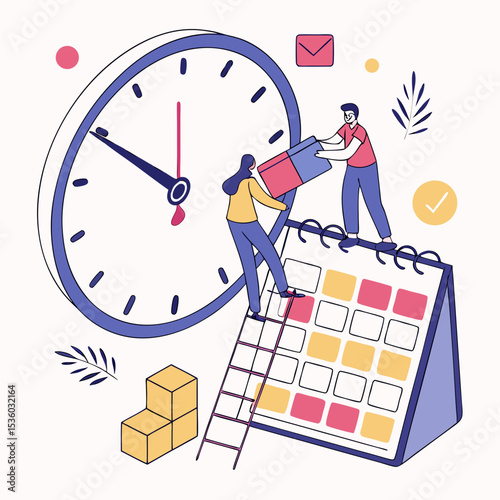 Two small figures manipulate a large clock and calendar managing time and schedule blocks of yellow red and white