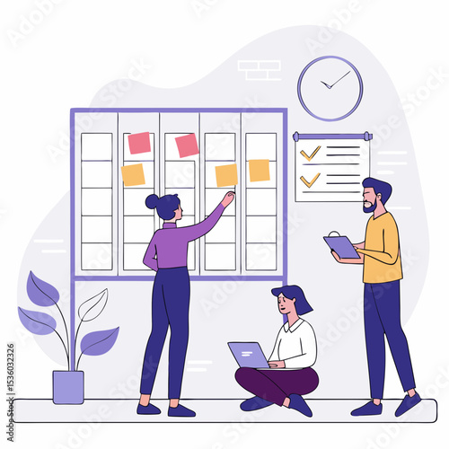 Three people collaborate on a project using a large grid board with colorful sticky notes a checklist and a laptop in a light purple and blue office setting