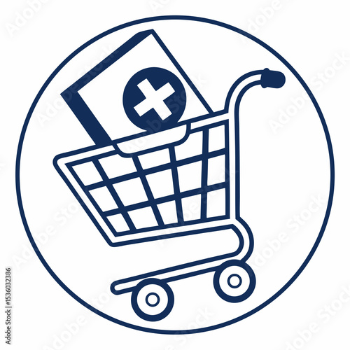 Navy Blue Shopping Cart with Medical Package Add To Cart Icon plus sign healthcare