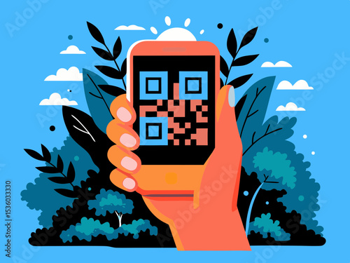 Mobile phone displaying QR code for cashless payment, for online shopping apps, with copy space