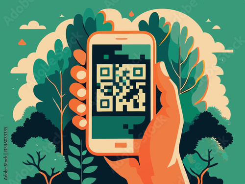 Smartphone displaying QR code, nature background, for mobile payment apps