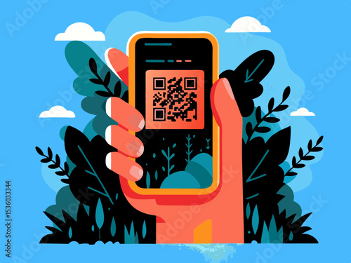 Smartphone displaying QR code for cashless payment, for mobile apps, with copy space