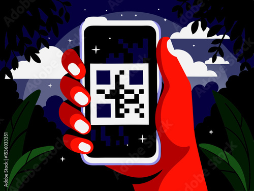 Hand holding smartphone with QR code, nighttime scene, for mobile payment apps