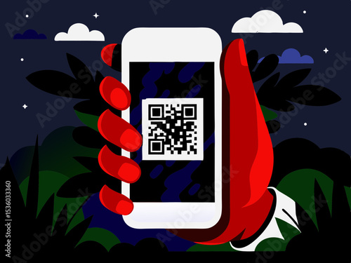 Smartphone displaying QR code, nighttime scene, for mobile payment apps