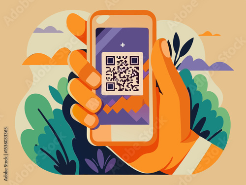 Smartphone displaying QR code, for cashless payments, grocery shopping, with copy space