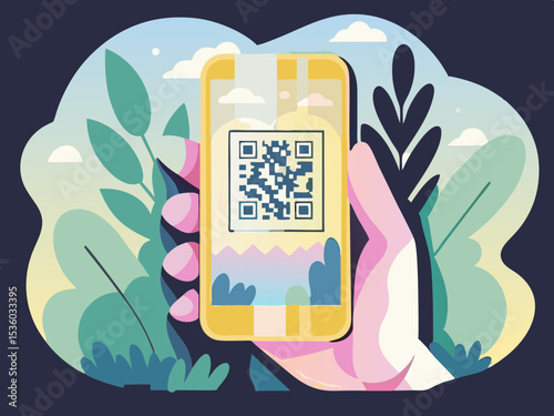 Mobile phone displaying QR code for cashless grocery payment, for app design