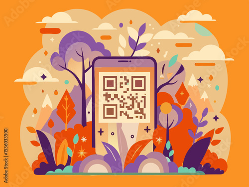 Smartphone displaying QR code, autumnal landscape, for mobile payment illustrations