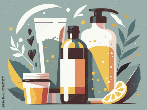 Skincare products illustration, in a modern style, with yellow and brown tones, for beauty blogs
