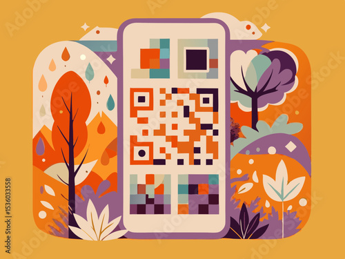 Smartphone displaying QR code, autumnal landscape, for mobile payments, with copy space