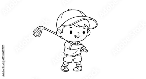 Golfing coloring page for kids, cute cartoon golfer with club, sports outline illustration vector on transparent background