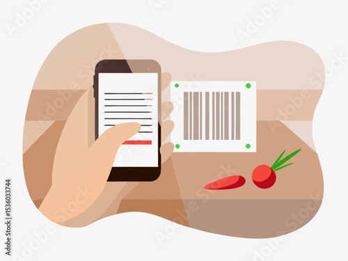 Mobile phone scanning barcode, grocery shopping, digital payment, flat style illustration, with copy space