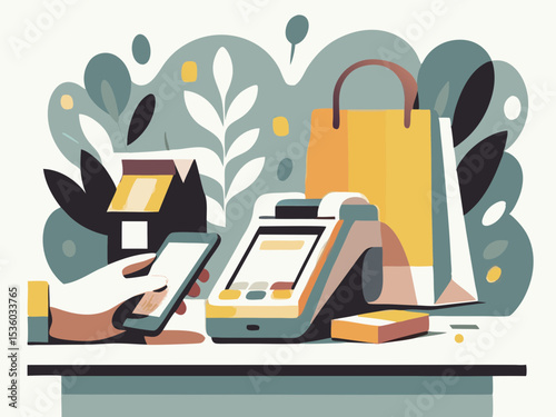 Contactless payment for groceries, a modern shopping experience, with copy space
