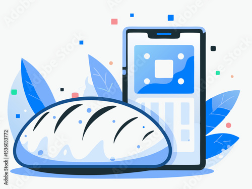 Digital grocery shopping app interface, bread, blue tones, for online ordering