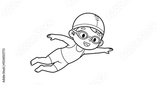 Swimming coloring page for kids, swimmer with cap and goggles outline vector illustration on transparent background