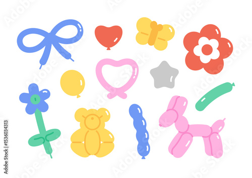 Colorful balloons in various shapes for party and celebrations. Balloon Art illustration set. Cartoon style flat vector clipart.
